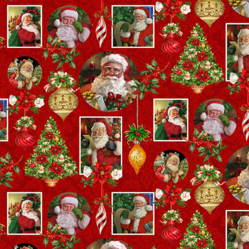 Henry Glass Christmas Legend Santa Collage Red Cotton Fabric By The Yard