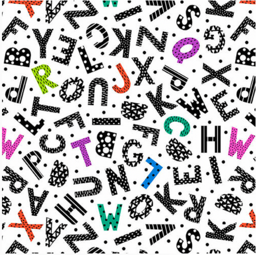 Studio E Black & White w/ A Touch of Bright Tossed Alphabet White Multi Cotton Fabric By Yard