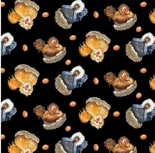 Henry Glass Down on the Farm Polish Hen Black Cotton Fabric By The Yard