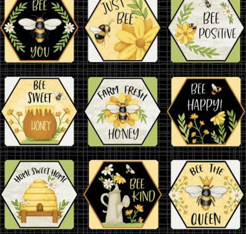 Henry Glass Bee You! Honeycomb Blocks Sayings Multi Fabric By The Yard