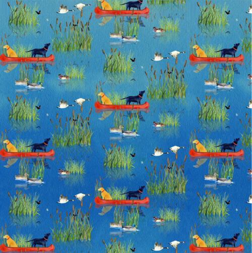 Henry Glass Dockside Canoes and Dogs in Lake Blue Fabric By Yard