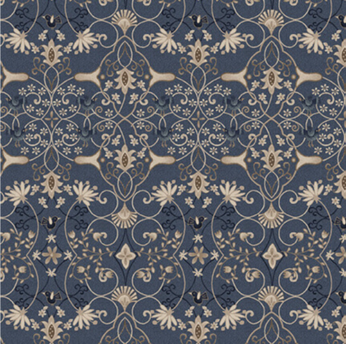 Henry Glass Bluebird of Happiness Bird Damask Blue Fabric By Yard