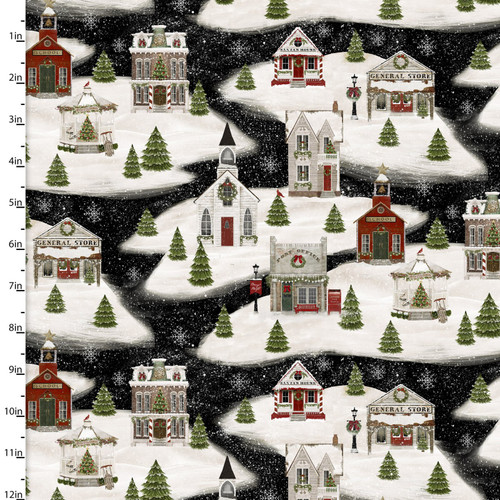3 Wishes Home For The Holidays Village Drive Black Cotton Fabric By Yard