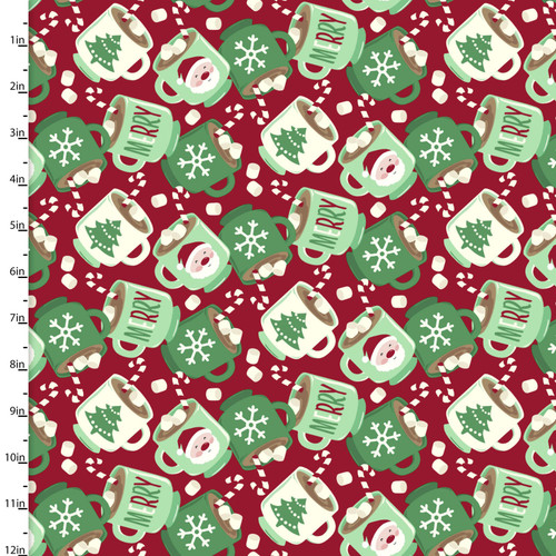 3 Wishes Snow & Hot Cocoa Mugs Red Cotton Fabric By Yard