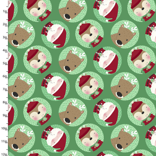 3 Wishes Snow & Hot Cocoa Tossed Faces Green Cotton Fabric By Yard