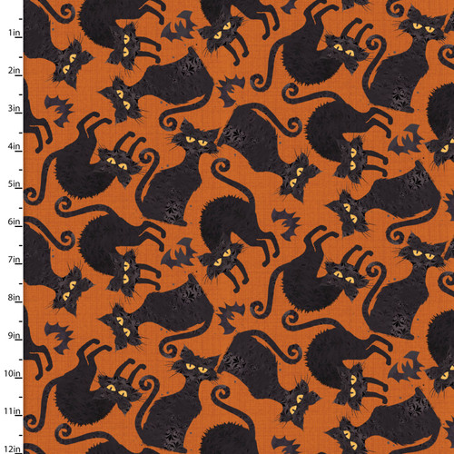 3 Wishes Boo Y'All Cats & Bats Orange Cotton Fabric By Yard