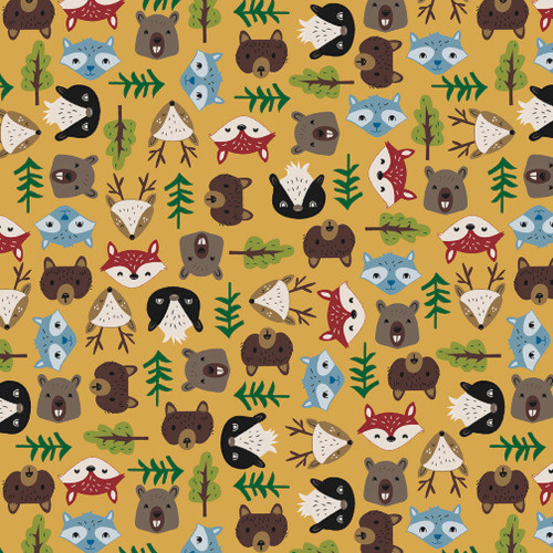 Henry Glass Loving Camp Life Animal Faces Gold Cotton Fabric By The Yard