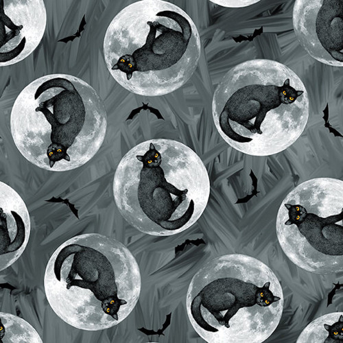 Blank Quilting Halloween Countdown Glow Cats w/ Moons Dk Gray Fabric By The Yard