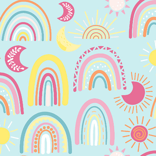 3 Wishes Friendship Forest Rainbows & Sunshine Turquoise Cotton Flannel Fabric By Yard