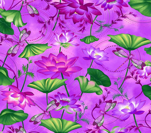 Henry Glass Dragonfly Lagoon Dragonfly & Lotus Purple Fabric By The Yard