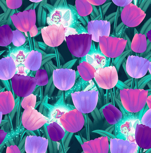Henry Glass Pixies & Petals Pixie and Tulips Green/Purple Fabric By The Yard