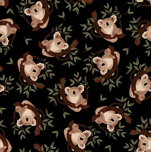 Blank Quilting Aussie Friends Mini Koala Bears Black Cotton Fabric By The Yard