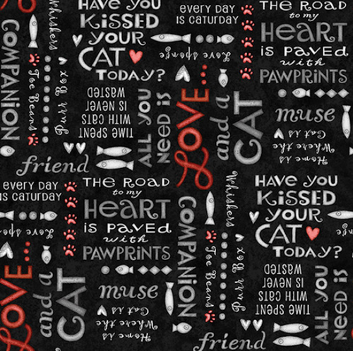 Henry Glass All You Need is Love and a Cat Words Black Cotton Fabric By Yard