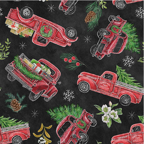 Blank Quilting Mistletoe Magic Tossed Red Trucks Black Cotton Fabric By The Yard