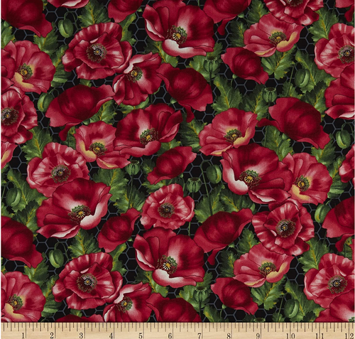 Henry Glass Bloomin' Poppies Allover Poppies Red Black Fabric By Yard