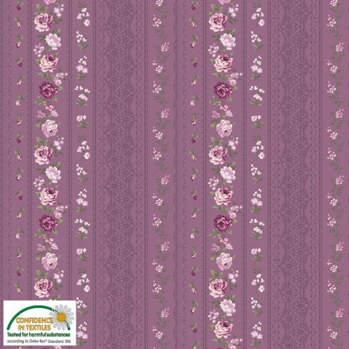 Stof Vigga Rose Flower Stripe Purple Cotton Fabric By The Yard