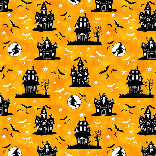 Henry Glass Nights of Olde Salem Glow Haunted Houses Orange Fabric By The Yard
