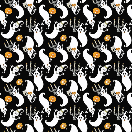 Henry Glass Witch's Night Out Tossed Ghosts Glow Black Fabric By The Yard
