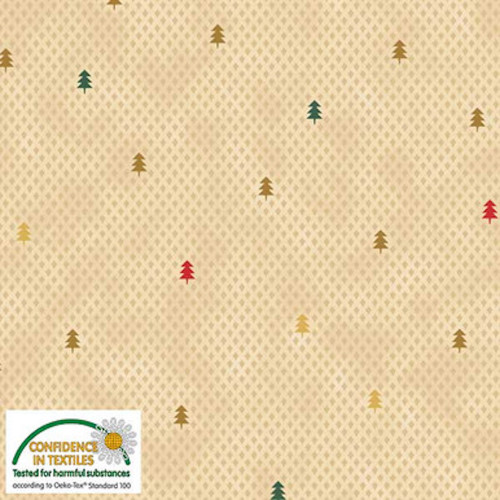 Stof Star Sprinkle Small Christmas Trees Beige Gold Cotton Fabric By The Yard