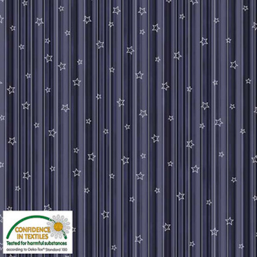 Stof European Star Sprinkle Lines & Stars Blue Silver Cotton Fabric By The Yard