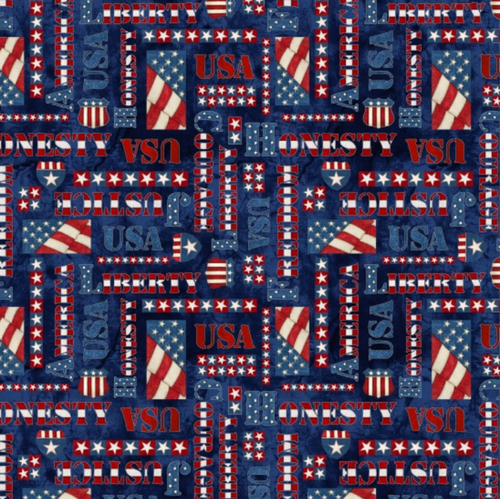Blank Quilting American Honor Words Blue Cotton Fabric By The Yard