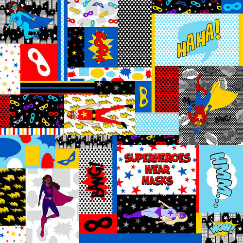 Blank Quilting Superheroes Wear Masks Blocks Multi Cotton Fabric By The Yard