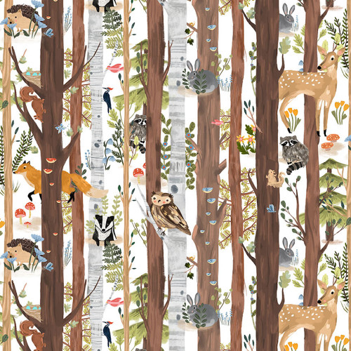 Blank Quilting Forest Critters Animals w/ Trees Ivory Cotton Fabric By The Yard