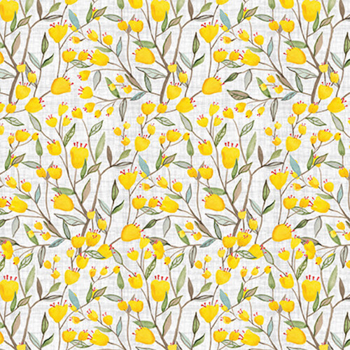 Blank Quilting Folk Garden Flowers Yellow Cotton Fabric By The Yard