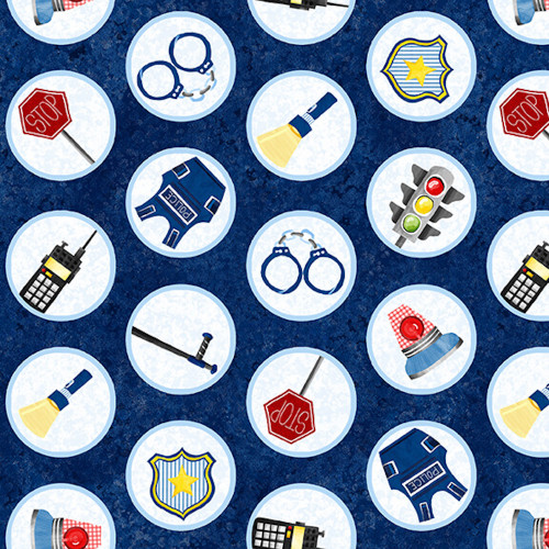 Blank Quilting Everyday Heroes Police Motifs in Circles Blue Cotton Fabric By The Yard