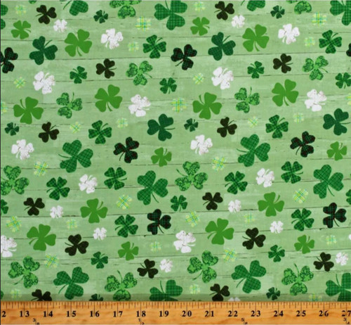 Henry Glass Hello Lucky Clover on Wood Grain Green Cotton Fabric By Yard