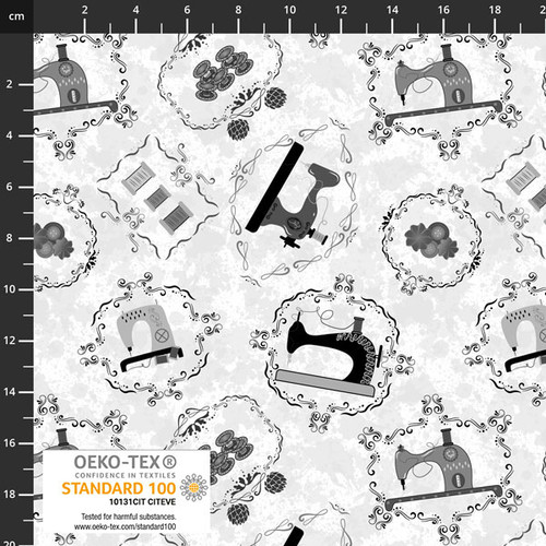 Stof European Sew Sew Sew It Sewing Machines Grey Cotton Quilting Fabric By The Yard