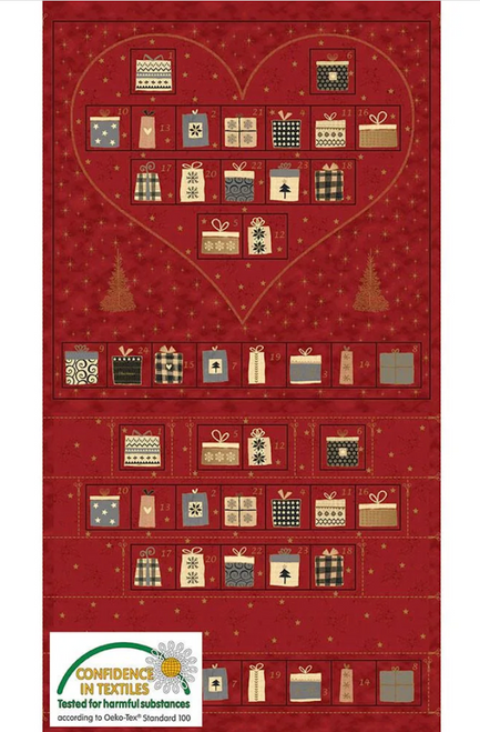 Stof European Magic Christmas Advent Calendar Red Gold Cotton Quilting Fabric By The Panel