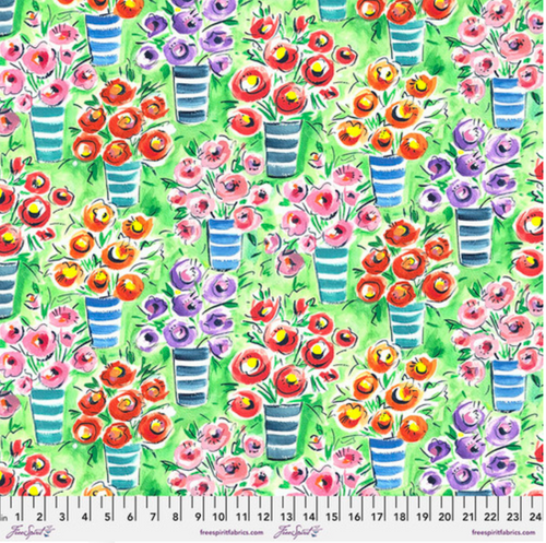Sarah Campbell Flowerfields Ranunculus Green Fabric By The Yard