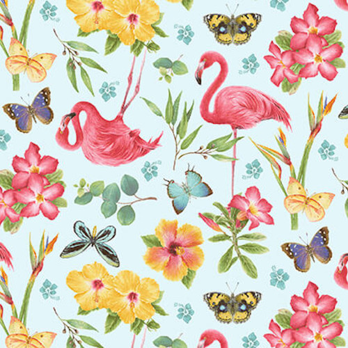 Henry Glass Pink Paradise Tossed Flamingos & Flowers Lt Blue Fabric By Yard