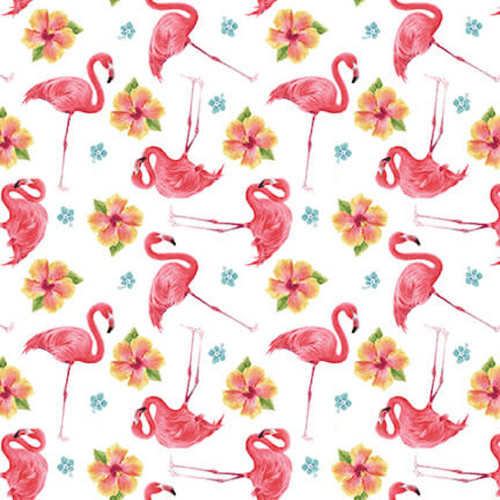 Henry Glass Pink Paradise Tossed Flamingos White Fabric By Yard
