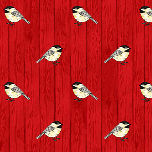 StudioE Chickadee Christmas Choir Sm Chickadee on Woodgrain Red Fabric By The Yard