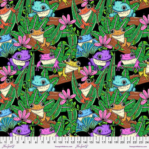 Free Spirit Mulga Tropical Jungle Jams Froggy Fun Times Black Fabric by Yard