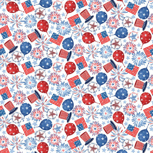 Blank Quilting Fired Up! Tossed 4th Of July Items White Cotton Fabric By The Yard