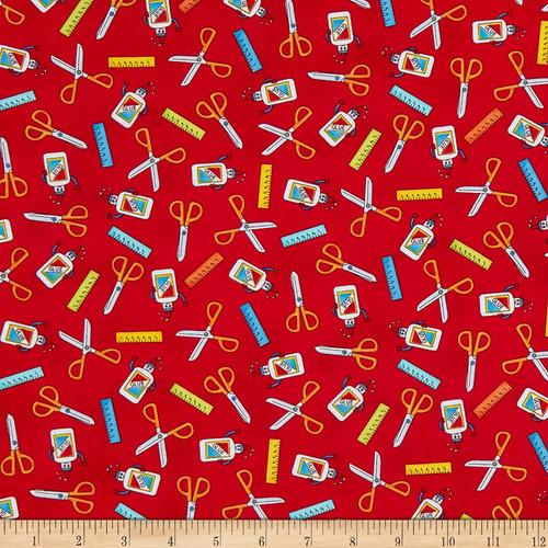 Studio E It's Elementary Scissors, Glue Rulers Red Cotton Fabric By The Yard