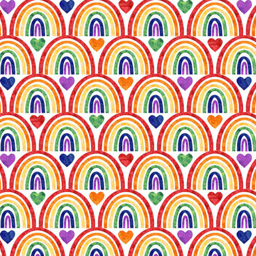 Blank Quilting Better Together Rainbows w Hearts White Multi Cotton Fabric By The Yard