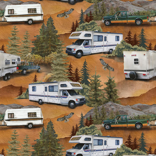 Blank Quilting Wilderness Trail Scenic RV's Lt Brown Cotton Fabric By The Yard