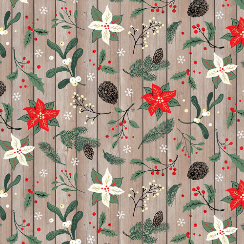 StudioE Chickadee Christmas Choir Poinsettia Branches on Woodgrain Brown Fabric By The Yard