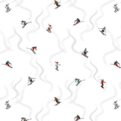 StudioE Alpine Ski Downhill Skiers White Cotton Quilting Fabric By The Yard