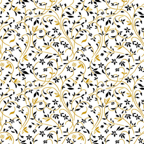 Henry Glass Black, White & 24 Karat Swirling Vine White Cotton Fabric By The Yard