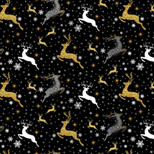 Blank Quilting Jingle and Mingle Metallic Lg Deer Black Cotton Fabric By The Yard