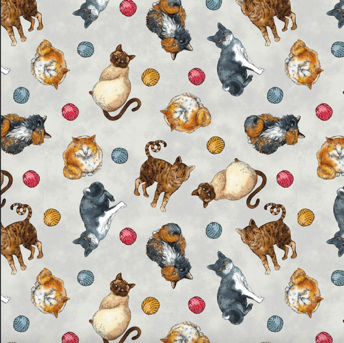 Henry Glass Cat Rescue Cat Toss Gray Cotton Fabric By The Yard