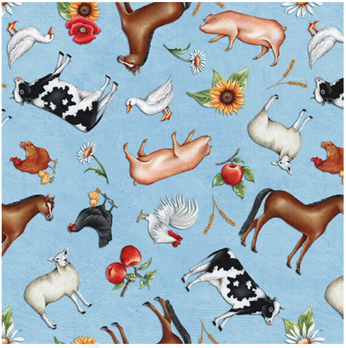 Blank Quilting Out To Pasture Tossed Farm Animals Lt Blue Cotton Fabric By The Yard