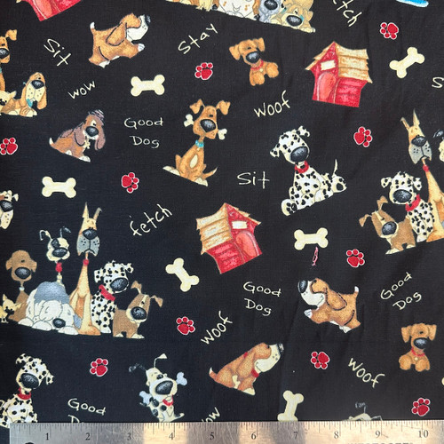 Good Doggie Collection Sitting Dogs Black Cotton Fabric By The Yard