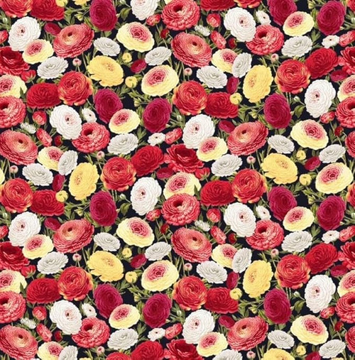 Henry Glass Flower Market Sm Packed Flowers Black/Multi Cotton Fabric By The Yard