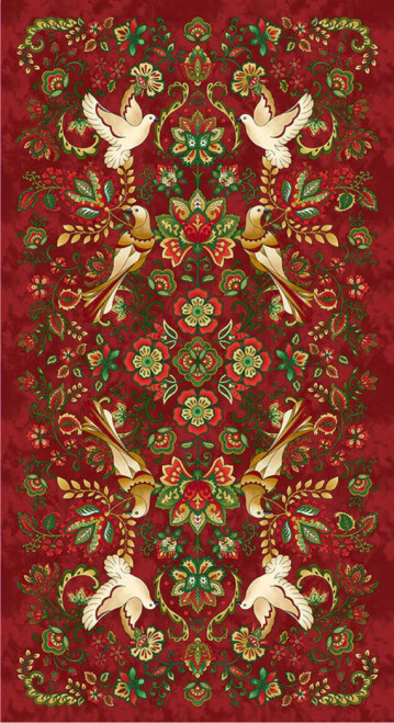Henry Glass Jacobean Joyeux 24" Panel Red Cotton Fabric By The Yard
